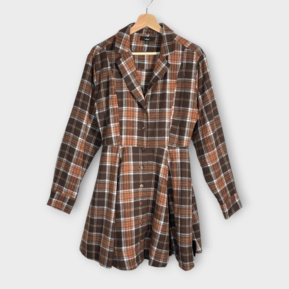 Lulus Brown Plaid Skater Mini Dress With Pockets MEDIUM Cabincore NEW